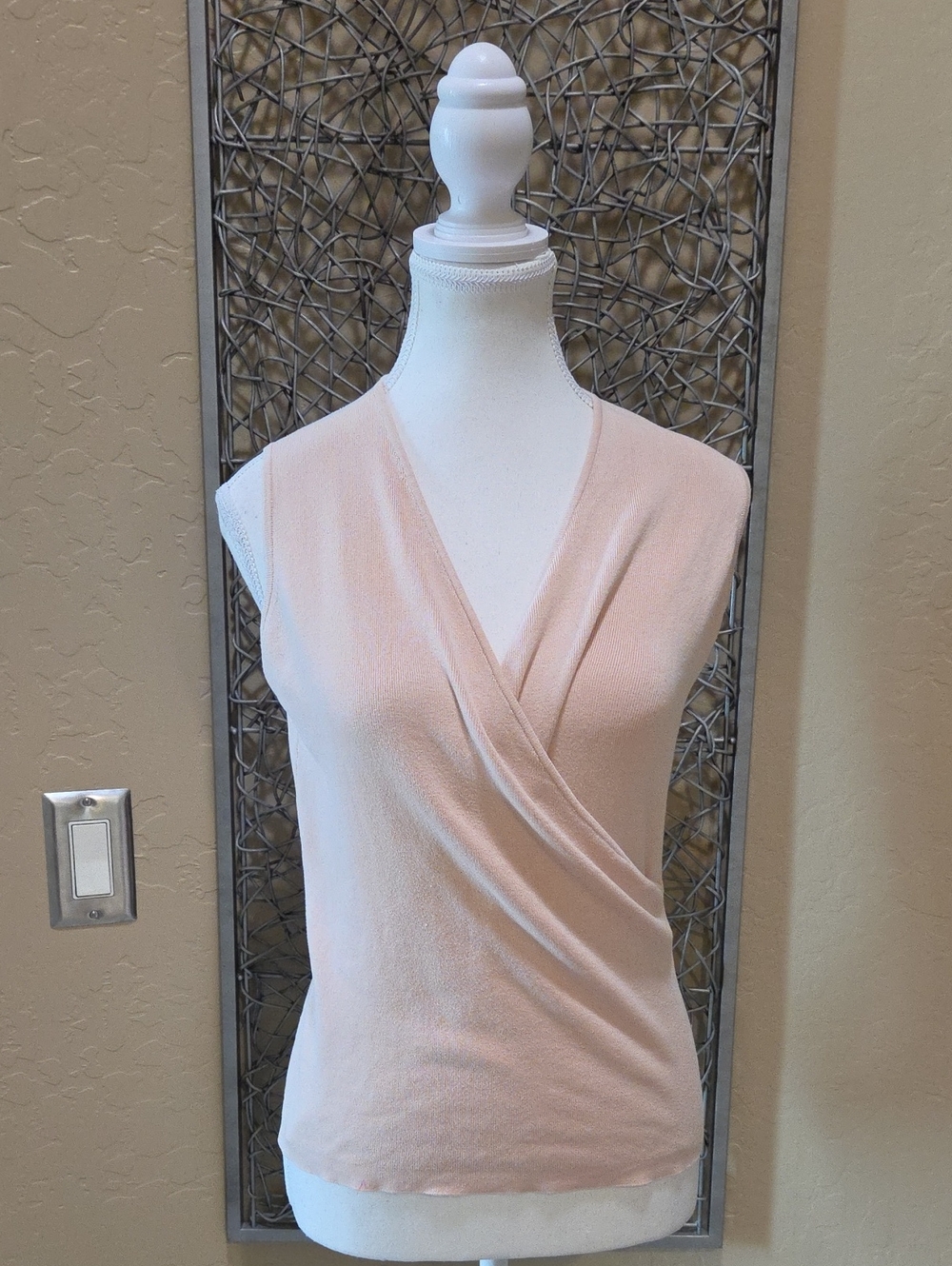 Valerie Stevens Silk Blend Sleeveless Faux Wrap V-Neck Sweater in Soft Pink